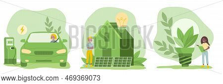 Sustainability Illustration Set In Flat Style. Energy Saving Light Bulb, Electric Vehicle, Solar Pan