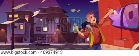 Graffiti Painter In Night Ghetto Cartoon Banner. Boy Teenager Painting On Brick Wall With Aerosol In