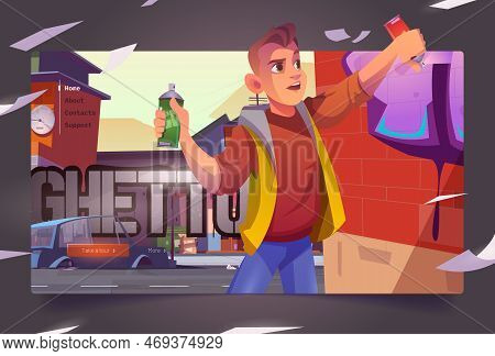 Graffiti Painter In Ghetto Cartoon Landing Page. Boy Teenager Painting On Brick Wall With Aerosol In