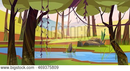 Cartoon Forest Background With Stream Flow Under Green Trees With Lianas Along Rocky Shore. Wild Nat