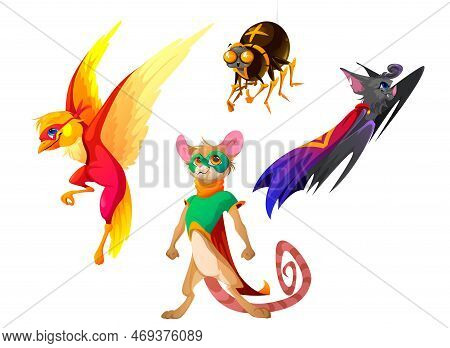 Superhero Animals With Cape And Mask. Funny Characters In Super Hero Costume. Vector Cartoon Set Of 