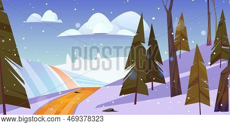 Winter Landscape With Snow Lying On Field And Road Going Along Fir-trees Under Cloudy Sky With Falli