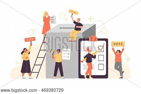 Activists Hold Posters Calling For Voting Flat Vector Illustration Isolated.