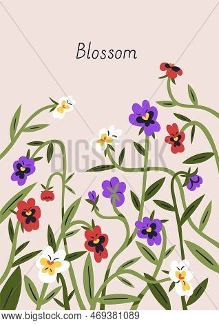 Spring Flowers, Botanical Post Card Design. Floral Postcard Background, Delicate Pretty Blooming Pla