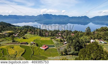 Aerial View Of Panorama Of Maninjau Lake West Sumatra, Danau Maninjau. Sumatra, Indonesia, January 2