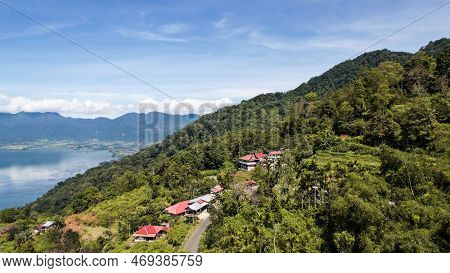 Aerial View Of Panorama Of Maninjau Lake West Sumatra, Danau Maninjau. Sumatra, Indonesia, January 2