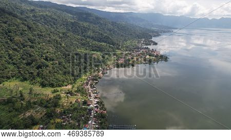 Aerial View Of Panorama Of Maninjau Lake West Sumatra, Danau Maninjau. Sumatra, Indonesia, January 2