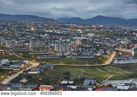 Torshavn City View Summer Night. Faroe Islands Capital Town.