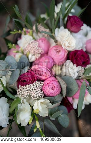 Wedding Bouquet Composed Of Roses, Ozothamnus, Freesia And Eucalyptus. Pink Bridal Bouquet. Wedding 