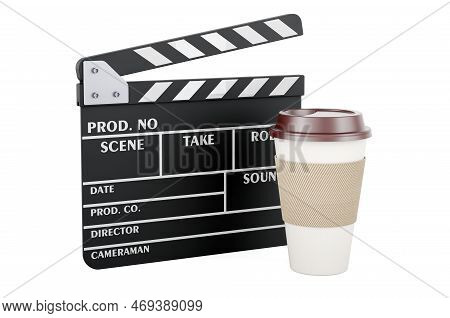 Clapperboard With Coffee Cup, 3d Rendering Isolated On White Background