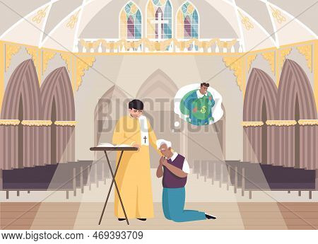Sin Religion Flat Composition With Indoor Scenery Of Church With Priest And Penitent Kneeling In Pra