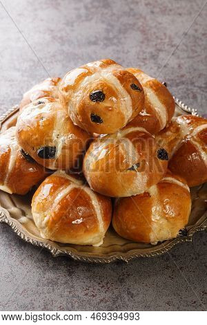 Hot Cross Buns Is A Spiced Sweet Bun Usually Made With Fruit, Marked With A Cross On The Top Closeup
