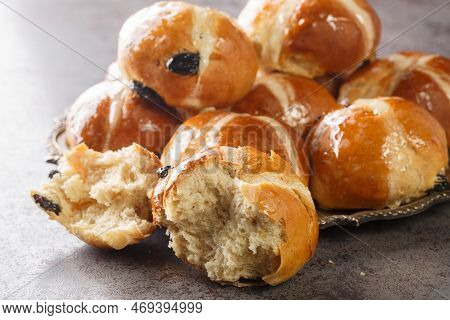 Homemade Hot Cross Buns Ready For Easter Closeup On The Plate On The Table. Horizontal