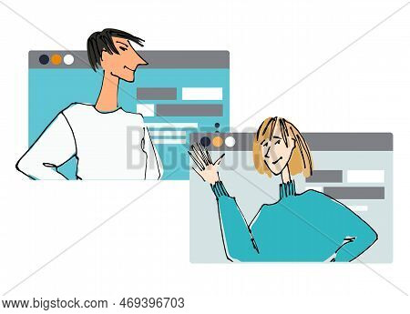 Two Young People In Front Of A Computer Screen. Flat Style, Isolated Vector Element