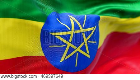 Ethiopia Flag Waving In The Wind. The Federal Democratic Republic Of Ethiopia Is A State In The Horn