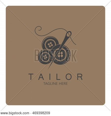 Tailor Logo Icon Illustration Template Combination Of Buttons For Clothes, Thread And Sewing Machine