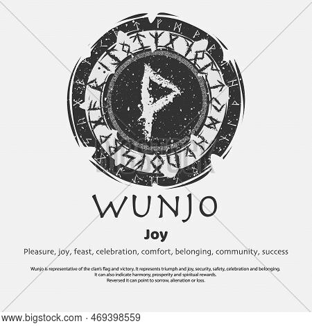 Abstract Flat Dark Circle Shield With Viking Symbol Isolated On White Background. Scandinavian Wunjo