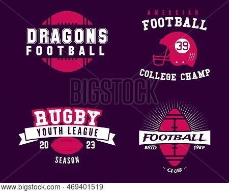 American Football Logo Templates Set In Flat Style. Rugby Badges Isolated On Dark Background. Sports
