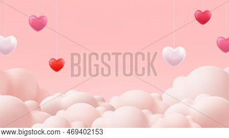 Happy Valentines Day Poster Or Voucher. Pink Banner Party Invitation Template. 3d Heart On Cloud Bac