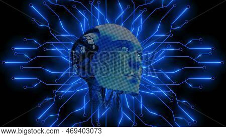 Ai Or Artificial Intelligence - Abstract 3d Robotic Head In Futuristic Digital Circuit Technology Ba