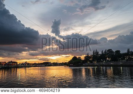 Beautiful Maekong River View With Sunset At Ratchaburi City Thailand.