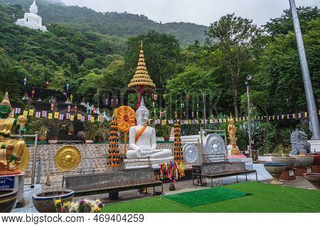 Nakhon Ratchasima..thailand 13.07.2022.white Buddha Statue On The Mountain In Wat Thep Phithak Punna
