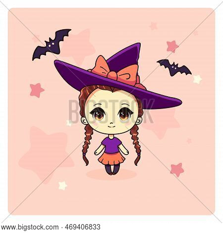 Cute And Kawaii Chibi Girl. Witch In Hat And With Bats.