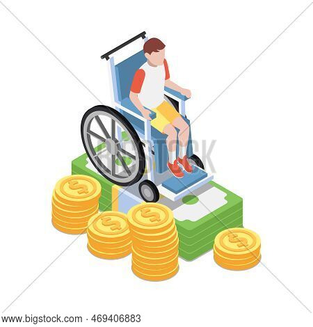 Social Security Isometric Icon With Impaired Child In Wheelchair And Money 3d Vector Illustration