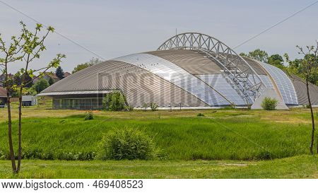 Indjija, Serbia - May 08, 2022: Modern Sports Hall Building Structure With Steel Beam Support At Top