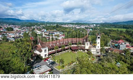 Aerial View Of Traditional Minangkabau Houses Located In Bukittinggi, West Sumatra, Indonesia. Bukit