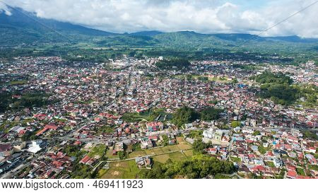 Aerial View Of Traditional Minangkabau Houses Located In Bukittinggi, West Sumatra, Indonesia. Bukit