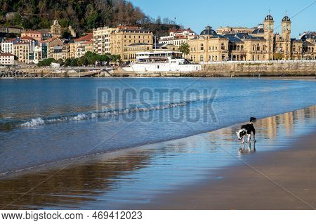 White Sandy La Concha Beach In Central Part Of Donostia Or San Sebastian City, Basque Country, Spain
