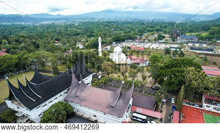Aerial View Of West Sumatra Grand Mosque. With Modern Architecture With The Concept Of Traditional B