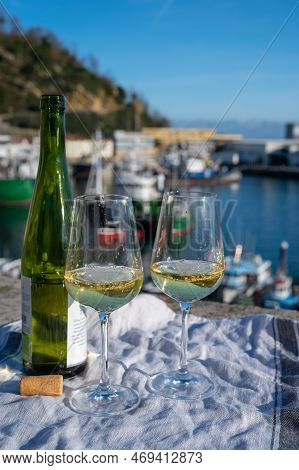 Tasting Of Txakoli Or Chacolí Slightly Sparkling Very Dry White Wine Produced In Spanish Basque Coun