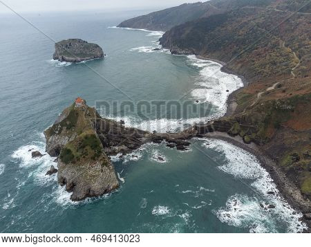 Atlantic Ocean Coastline Near Famous Landmark And Film Location In North Of Spain, Ocean Islet With