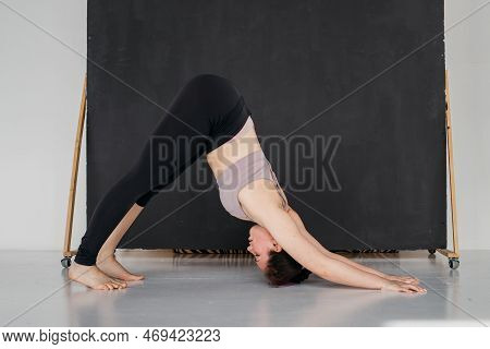 Young Professional Gymnast Woman Standing On Splits. Pretty Brunette Girl Doing An Elbow Stand. Fema