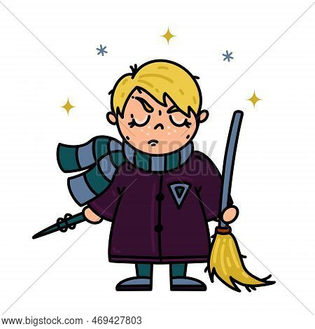 Boy Magician Vector Icon. A Wizard Student In A Gray-green Scarf Holds A Magic Wand And A Flying Bro