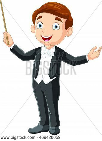 Vector Illustration Of Cartoon Boy Conductor Directing With Baton