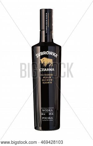 Tallinn, Estonia - January, 2023. Zubrowka Czarna, Poland Vodka Zubrowka