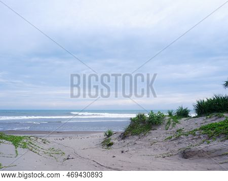 Turquoise water, white waves, blue sky, Green grass, White sand, Beautiful beach,and beautiful Islan