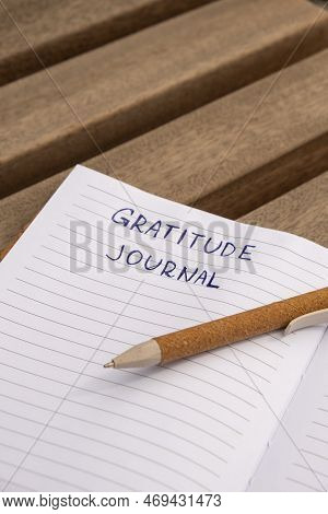 Writing Gratitude Journal On Wooden Bench. Today I Am Grateful For. Self Discovery Journal, Self Ref