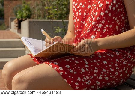 Unrecognizable Young Woman In Red Dress Writing Gratitude Journal On Wooden Bench. Today I Am Gratef