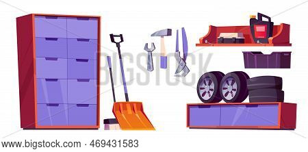 Garage, Workshop Or Storage Room Interior Set With Repair Tools, Car Tyres, Snow Shovel, Broom, Tool