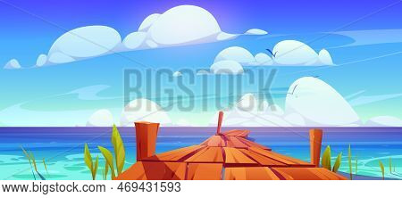 Sea Or Lake Water With Wooden Pier. Summer Landscape Of River Dock, Ocean Harbor Beach With Old Wood