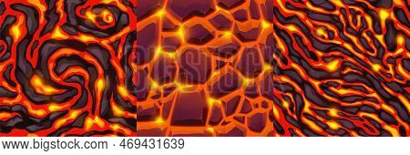 Textures Of Lava, Magma And Stones. Seamless Patterns Of Volcano Rock Surface With Cracks And Flows 