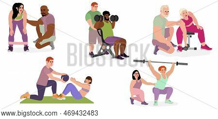 Sport People Individual Personal Trainer Coach In Gym. Men Women Training Exercising Fitness Center 