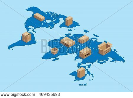 Shipping Worldwide International With Cardboard Networking On Top Of World Map Vector Illustration I