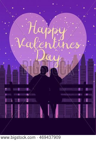 Happy Valentines Day Poster, Retro. Silhouette Loving Couple On The Bench At Night
