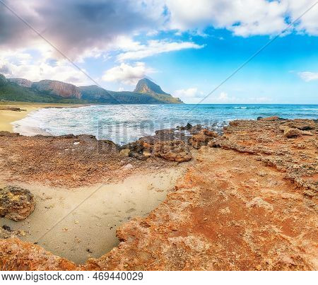 Outstanding Seascape Of Isolidda Beach Near San Vito Cape. Popular Travel Destination Of Monte Cofan