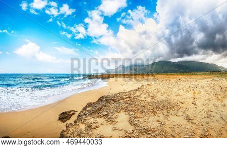 Outstanding Seascape Of Isolidda Beach Near San Vito Cape. Popular Travel Destination Of Monte Cofan